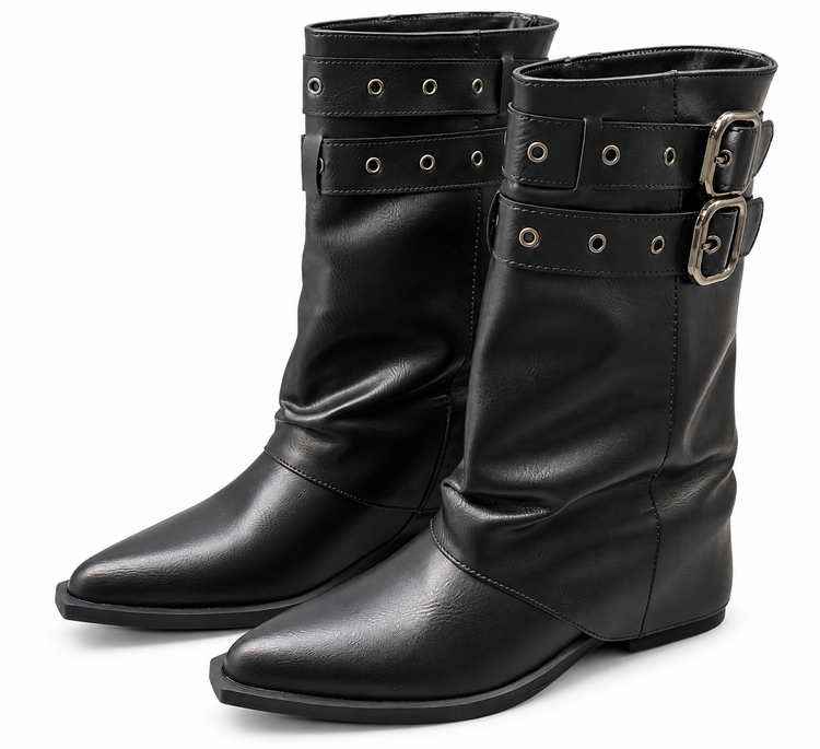 Women’s Black Slouch Ankle Boots with Double Buckle Straps