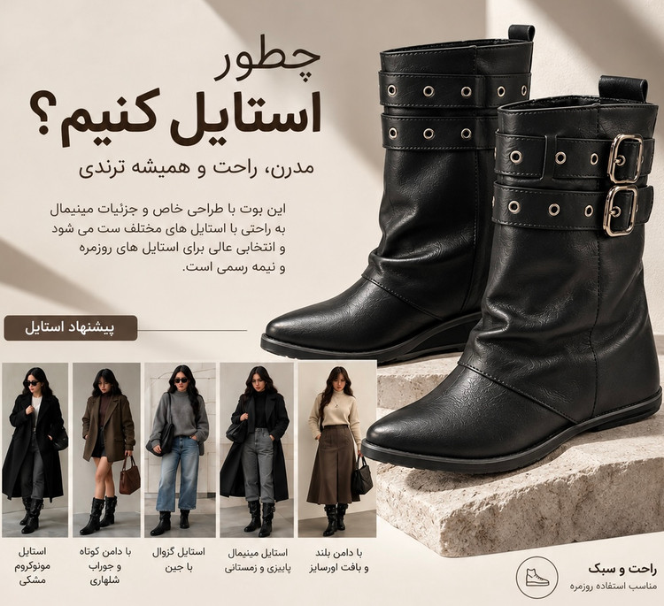 نیم بوت | بوت زنانه چروک چرم دو سگک مشکی