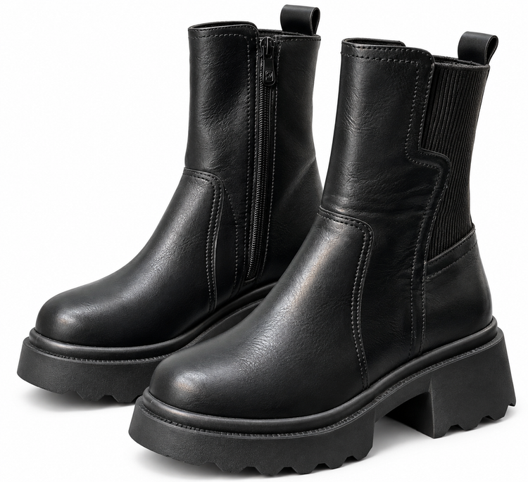 Women’s Black Chunky Platform Chelsea Ankle Boots with Side Zipper