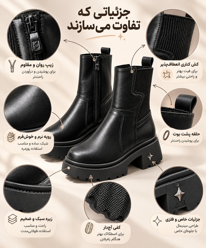 جفت نیم بوت دخترانه مشکی با زیره ضخیم و کش کناری
