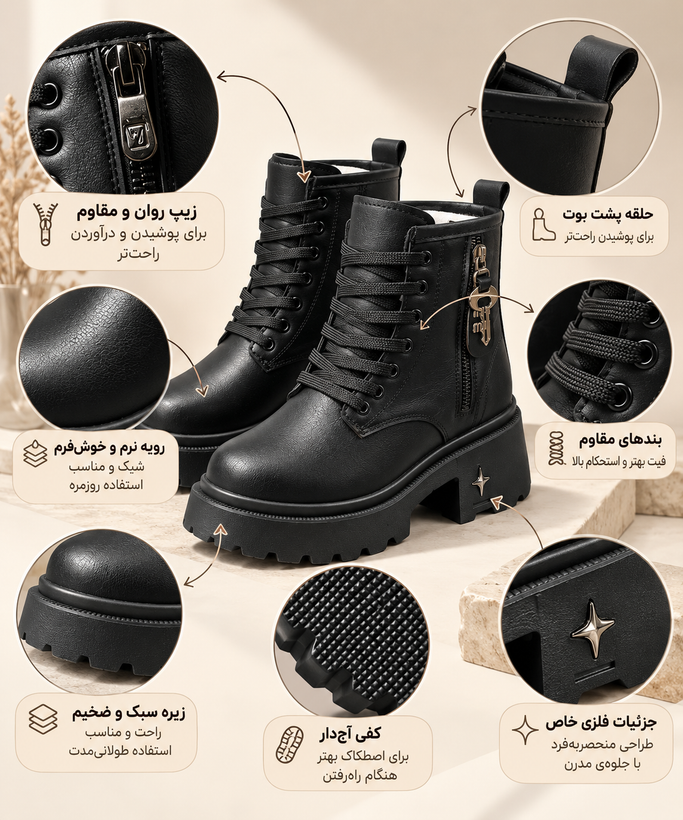 Women's Black Chunky Platform Lace-Up Ankle Boots with Side Zipper