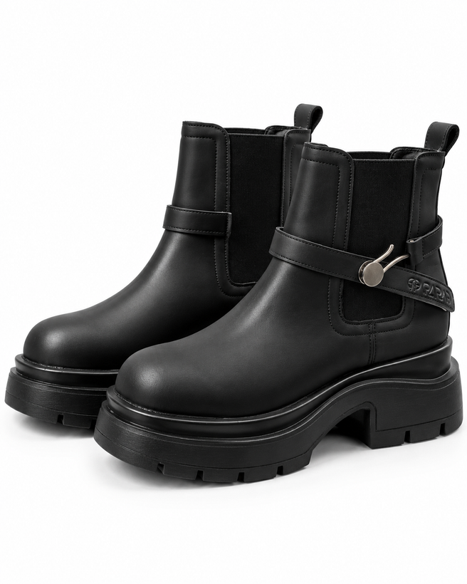 Women’s Black Chunky Platform Lace-Up Ankle Boots with Side Zipper