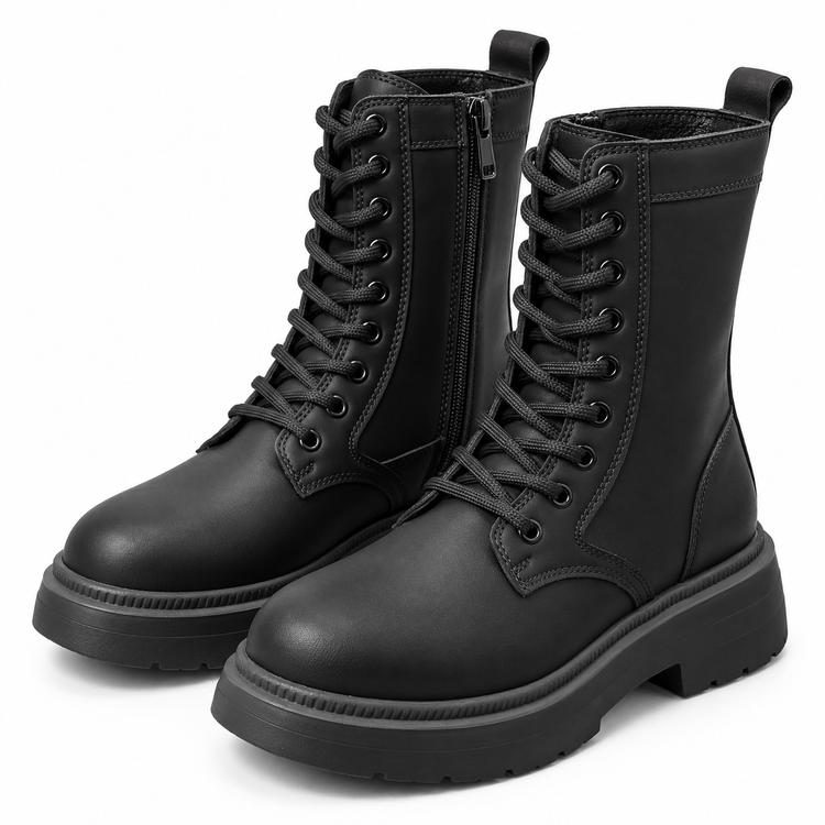 Women’s Black Lace Up Chunky Ankle Boots with Side Zipper