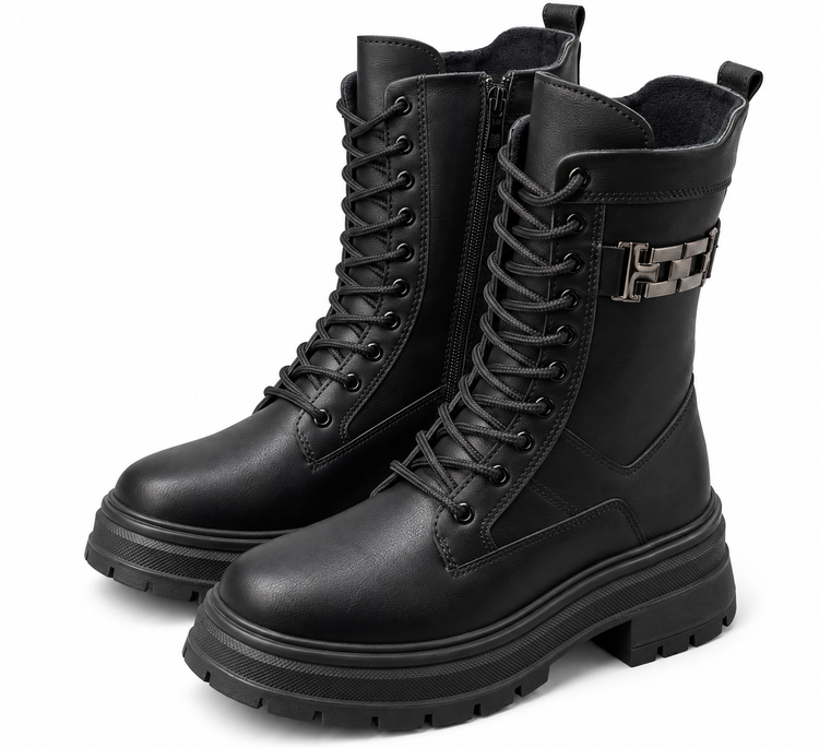 Women’s Lace-Up Ankle Boots with Side Zipper and Chunky Sole
